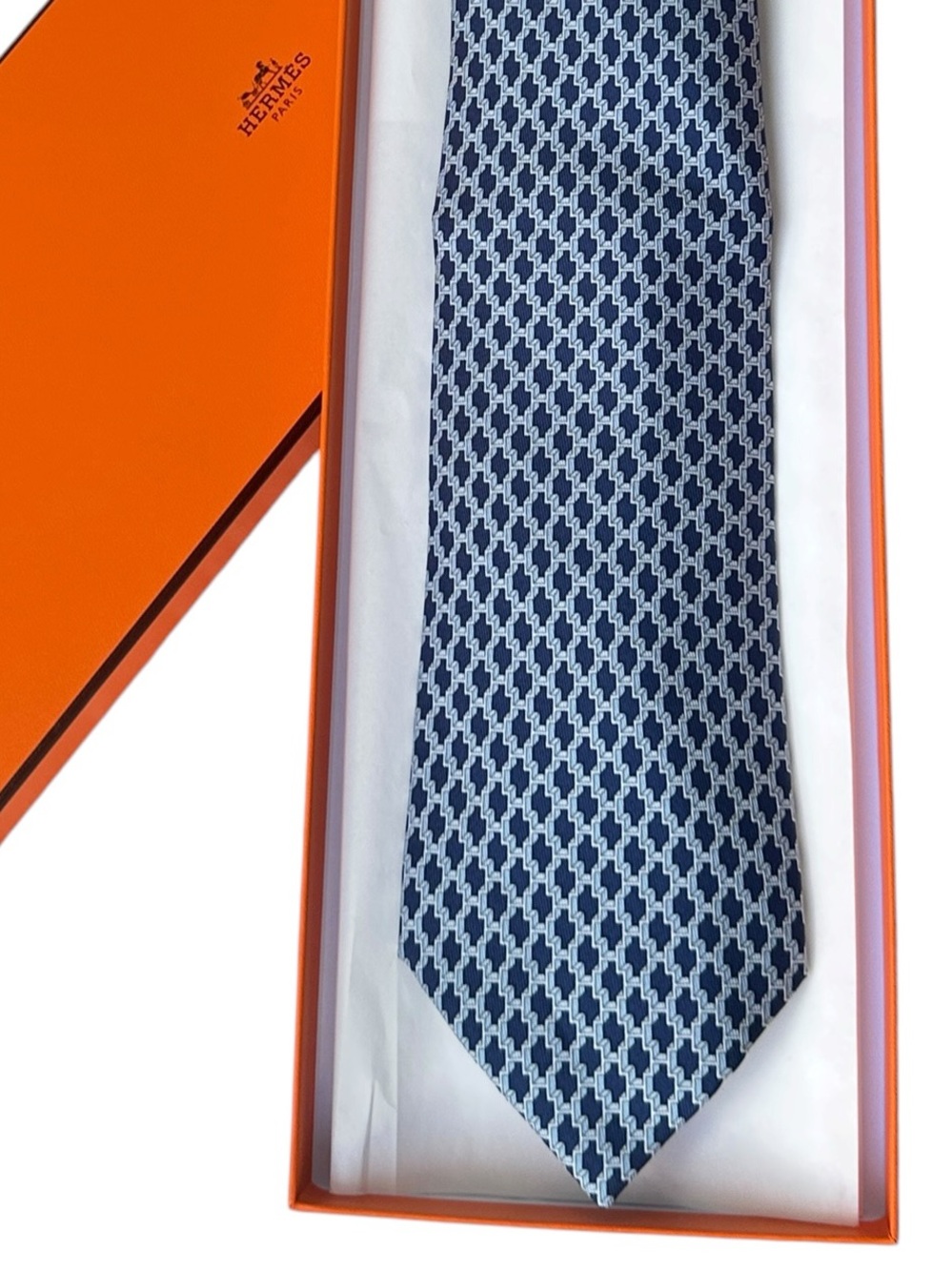 Hermès Silk Tie Blue Silver Geometric w/ Box Made in France